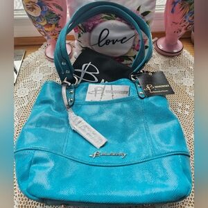 🩵NWT RARE🩵 Y2K B. Makowsky Luxury Heavy Leather Turquoise Tote Bag...